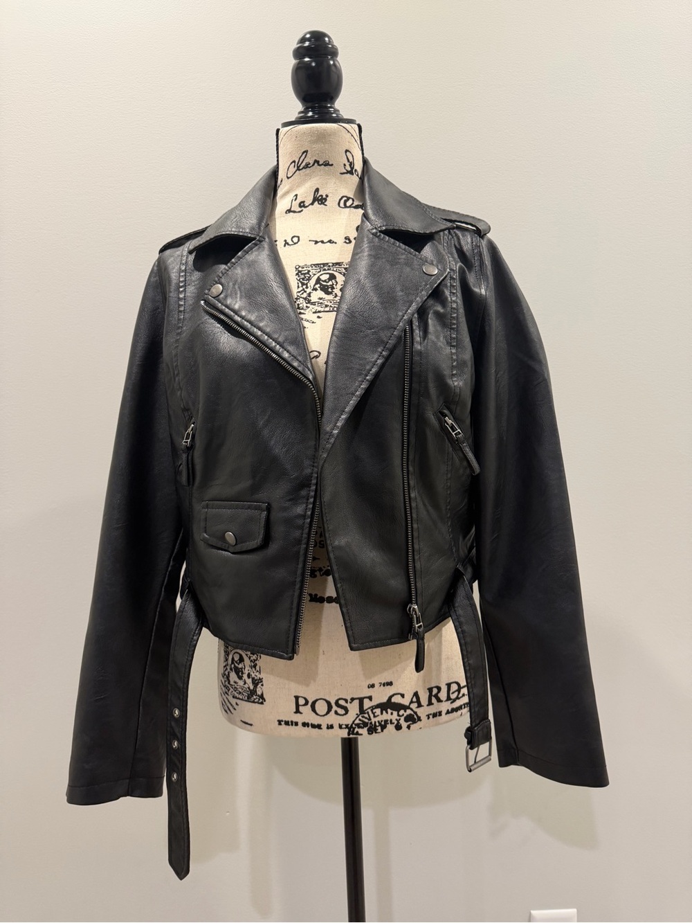 Max Studio Black Leather Moto Jacket with Belt